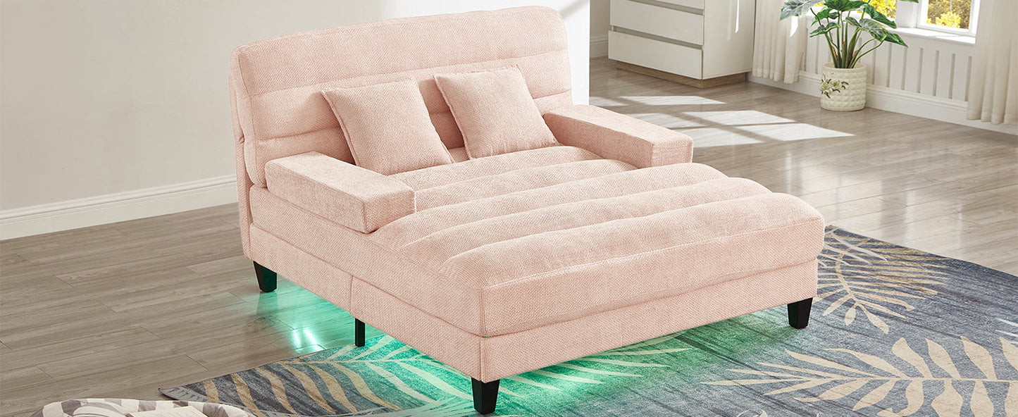 NEW Modern Pink Chenille Upholstered 57.1’ Chaise Lounge Sofa Bed with Adjustable Backrest and LED Light Strip