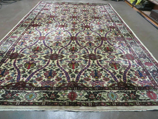 USED Antique Persian Tabriz Rug 8x12, Cream & Multicolor Room Sized Authentic Oriental Carpet, Wool Handmade Hand-Knotted Vintage Floral Rug 8 x 12 ft