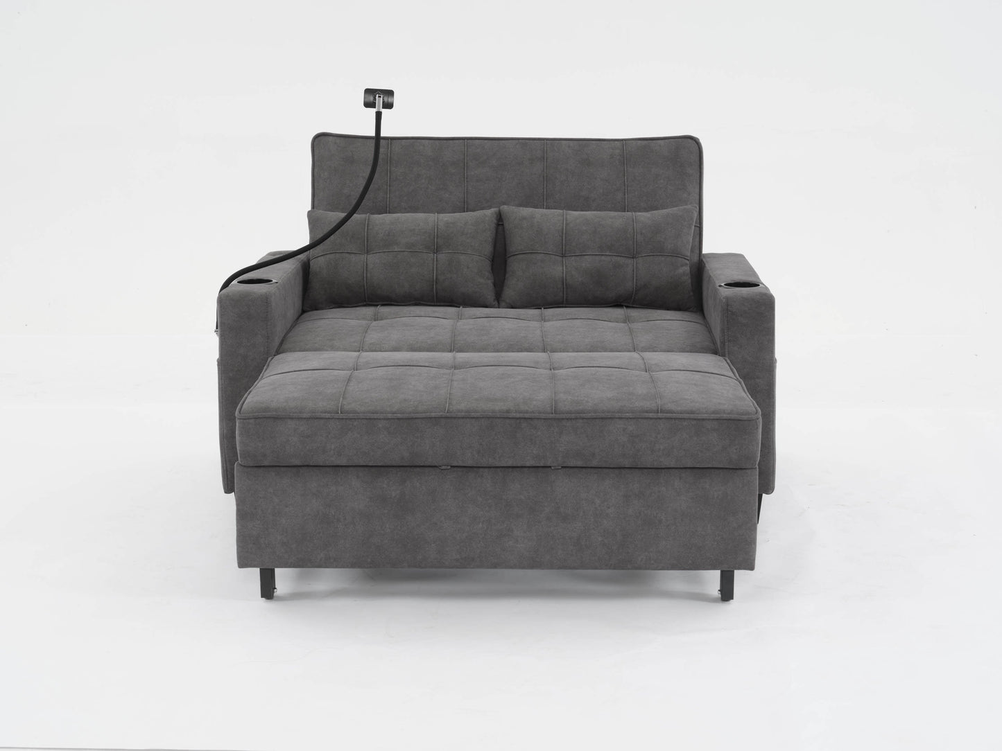 NEW Dark Grey Cloth Fabric 2 Seater Loveseat Recliner Sofa Bed with Adjustable Backrest USB and Cupholders