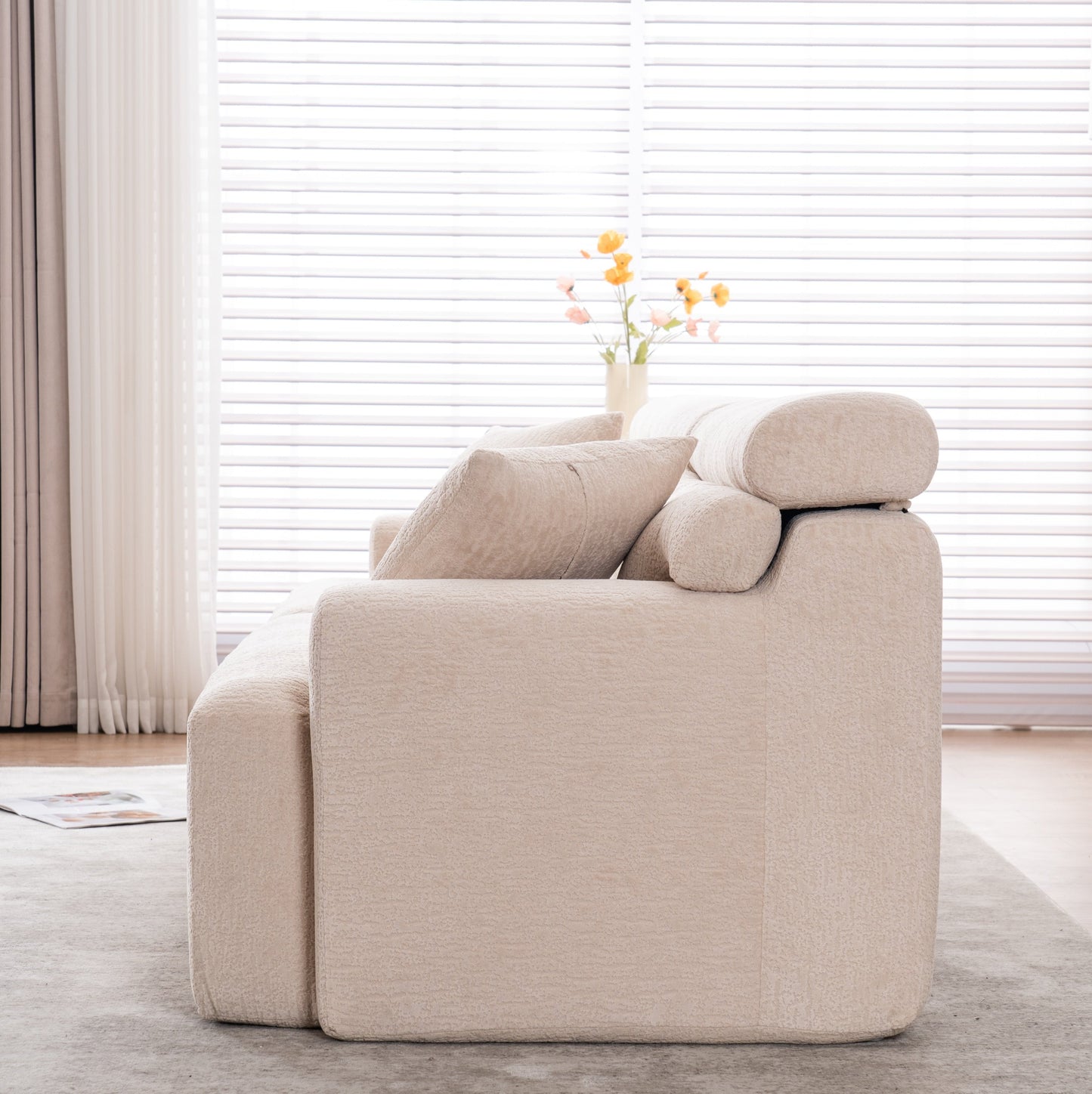 NEW LY-029 Apricot Compression Sofa 4-seater Wood Grain Chenille Fabric Couch with Two Pillows