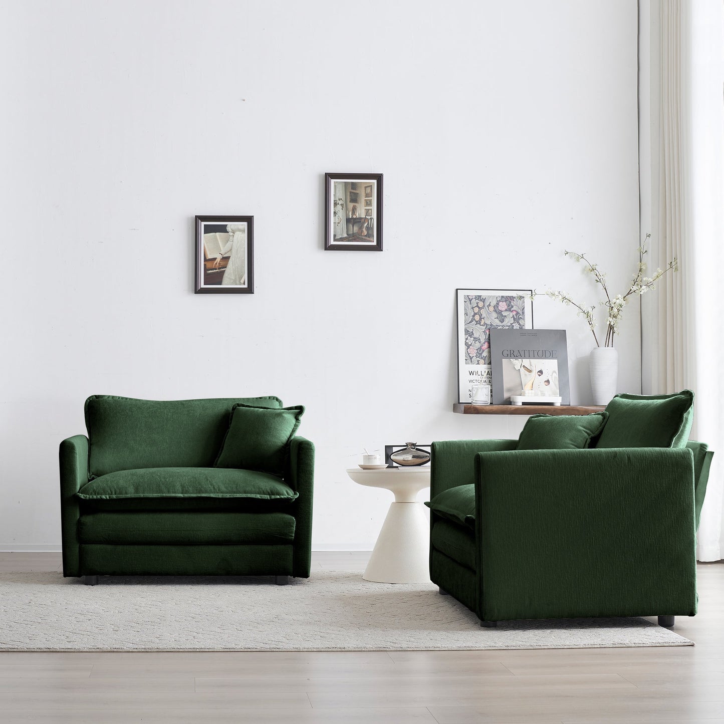 NEW Green Chenille 2pc High-end Chenille Upholstered Accent Side Arm Chairs with Toss Pillow