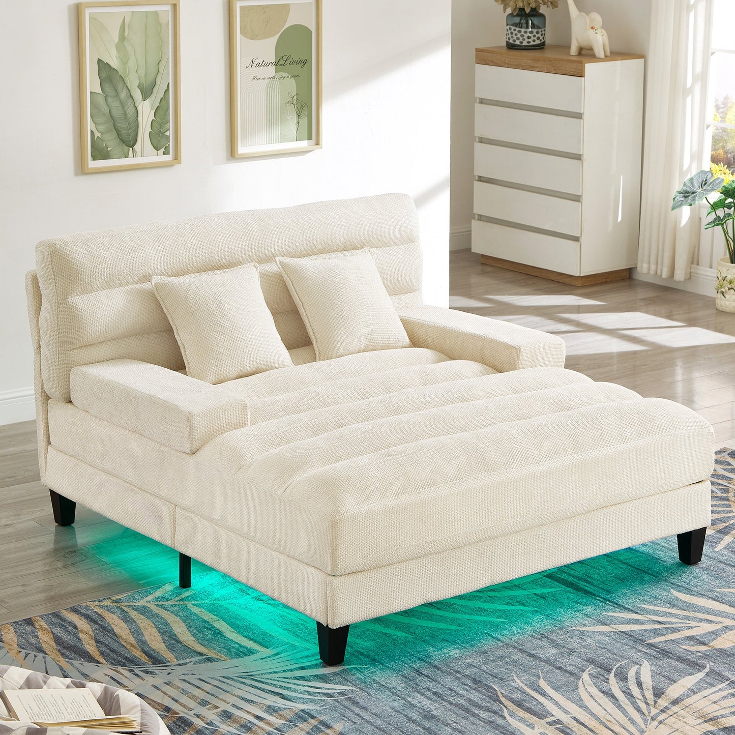 NEW Modern Beige Chaise Lounge Sofa 57.1' Bed Chenille Upholstered Lounge Chair with Adjustable Backrest and LED Light Strip