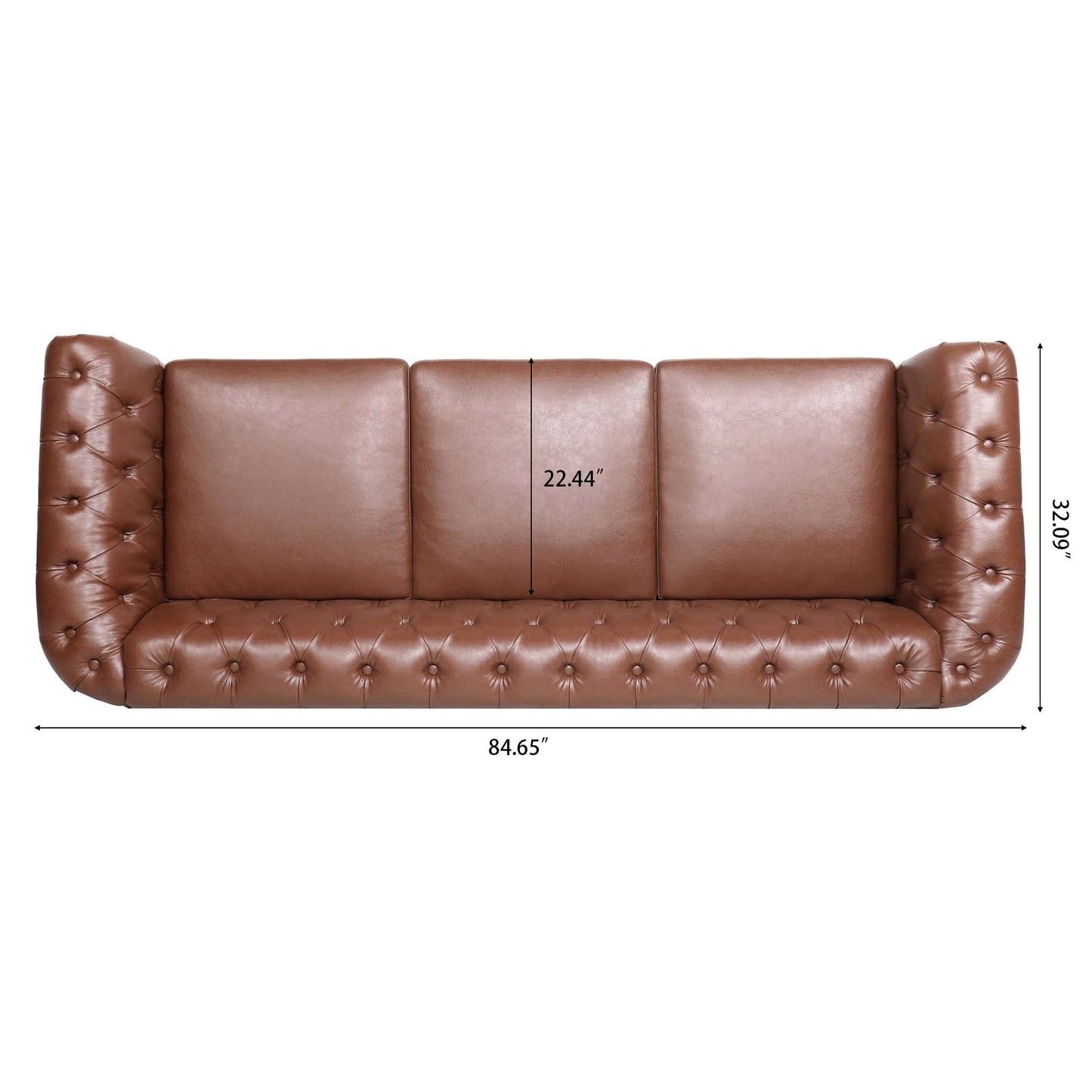 NEW Classic Chesterfield Three Seater Sofa Brown PU Leather with Rolled Arms and Birch Legs 84.65 Inches