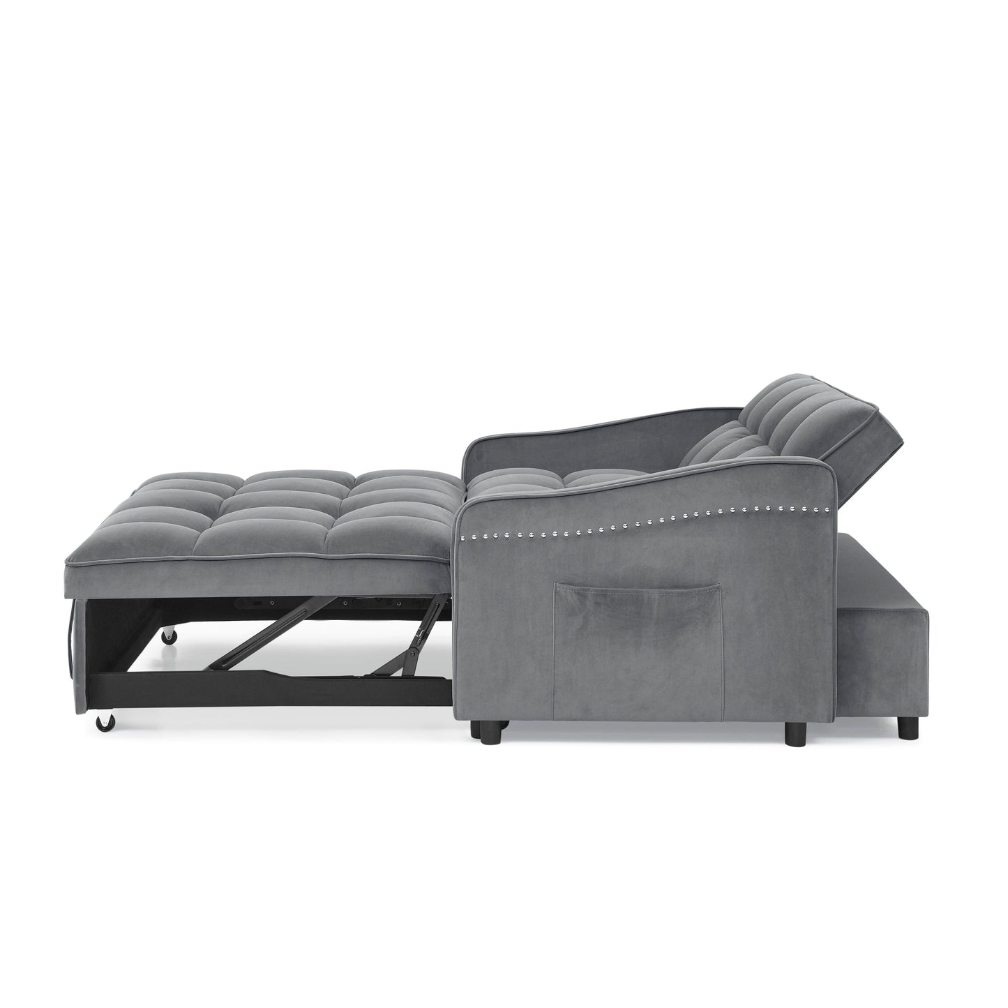 NEW Grey Copper Nail Loveseat Sofa Bed with Pull-out Bed Adjustable Back and Two Arm Pocket TypeC USB Charging