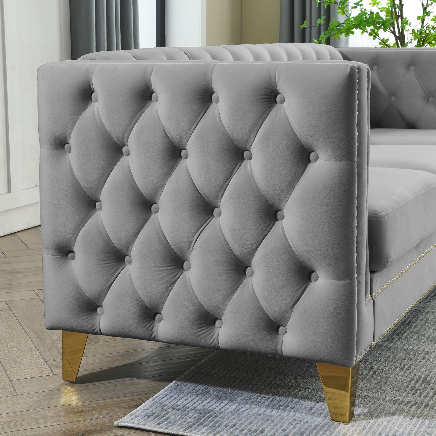 NEW Velvet Sofa for Living Room, Buttons Tufted Square Arm Couch, Modern Couch Upholstered Button and Metal Legs, Sofa Couch for Bedroom, Grey Velvet .2PCS