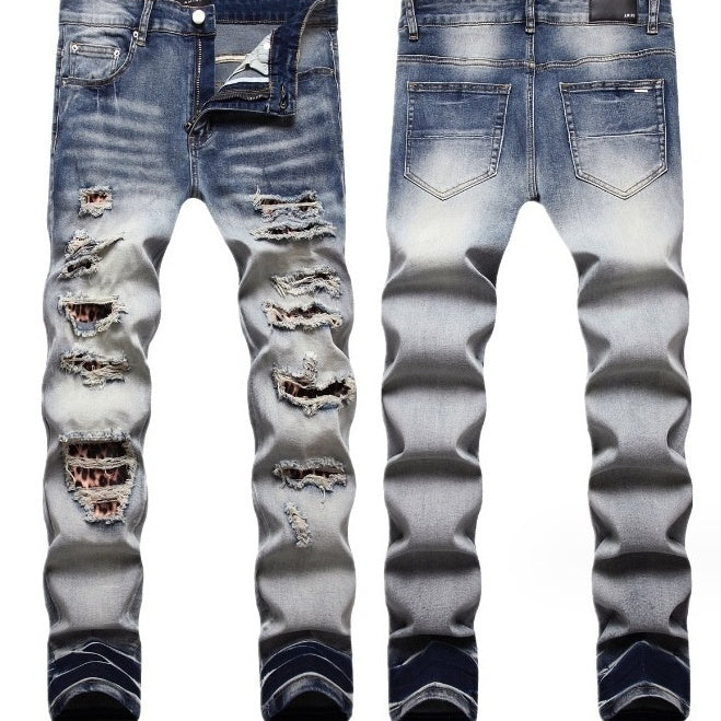 NEW Men's Light Color Damage Patch Worn Jeans