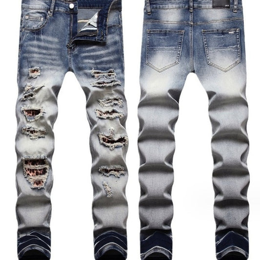 NEW Men's Light Color Damage Patch Worn Jeans