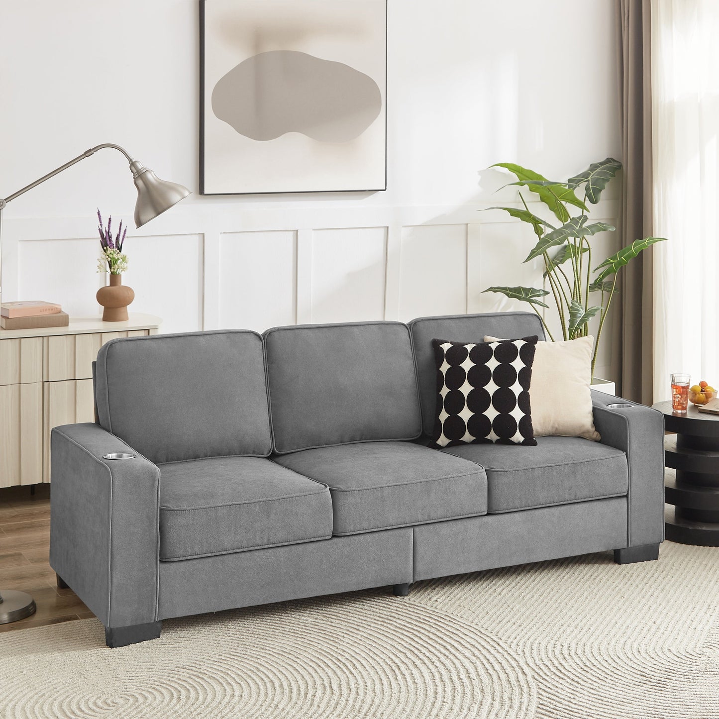 NEW Modern Snow Fleece Fabric 3-Seater Sofa with Cup Holders in Gray