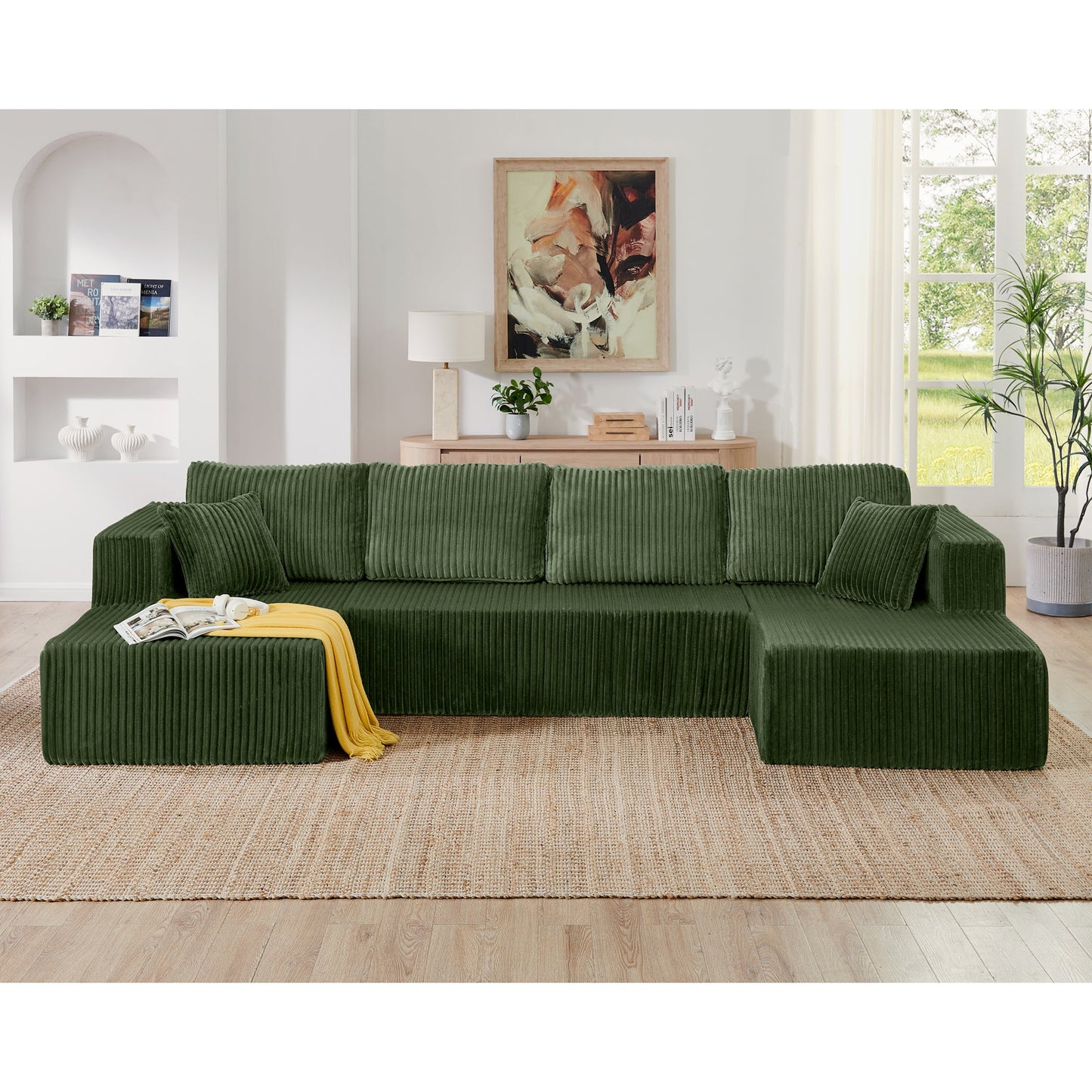 NEW Modern Minimalist U Shape Modular Sectional Sofa Sleeper in Green Corduroy with Foam Filling