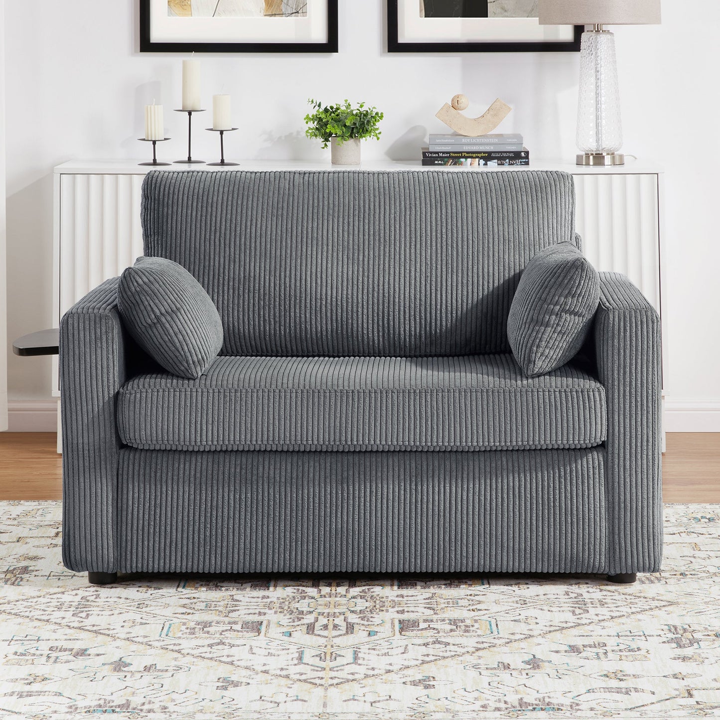 NEW Twin Size 47.2' Gray Corduroy Sleeper Loveseat Sofa Bed with Foldable Mattress USB Ports Side Table & Storage Pocket