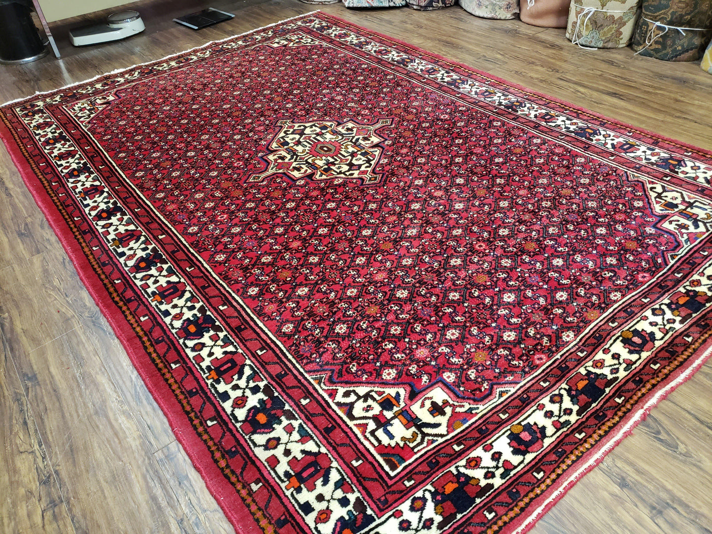 USED Vintage Persian Hamedan Rug 7x10, Angelas Mahi Pattern, Red, Wool, Hand-Knotted