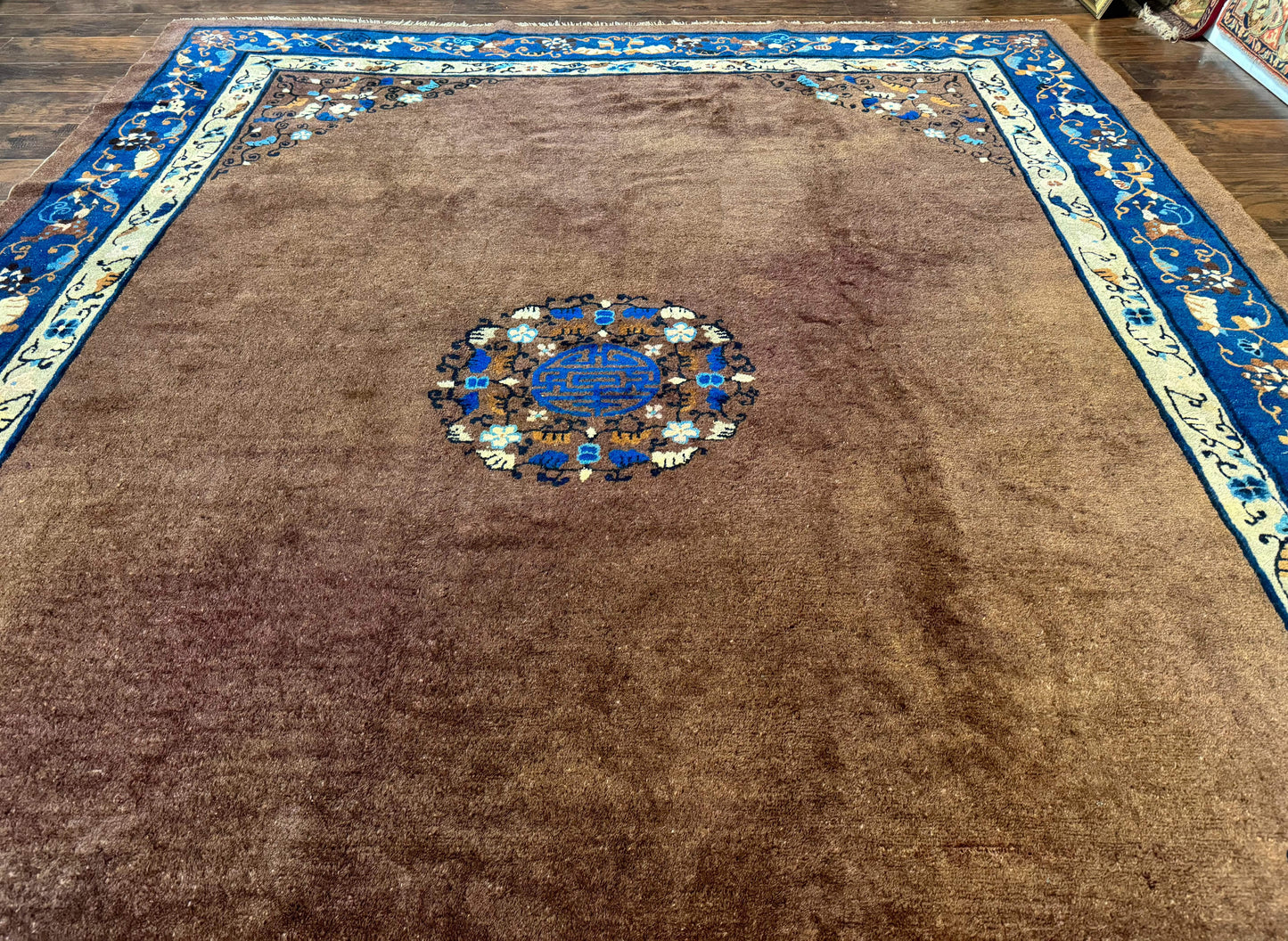 USED Antique Chinese Wool Rug 9x11, Large Chinese Art Deco Rug, Peking Rug, Brown and Blue, Open Field, Fete Rug