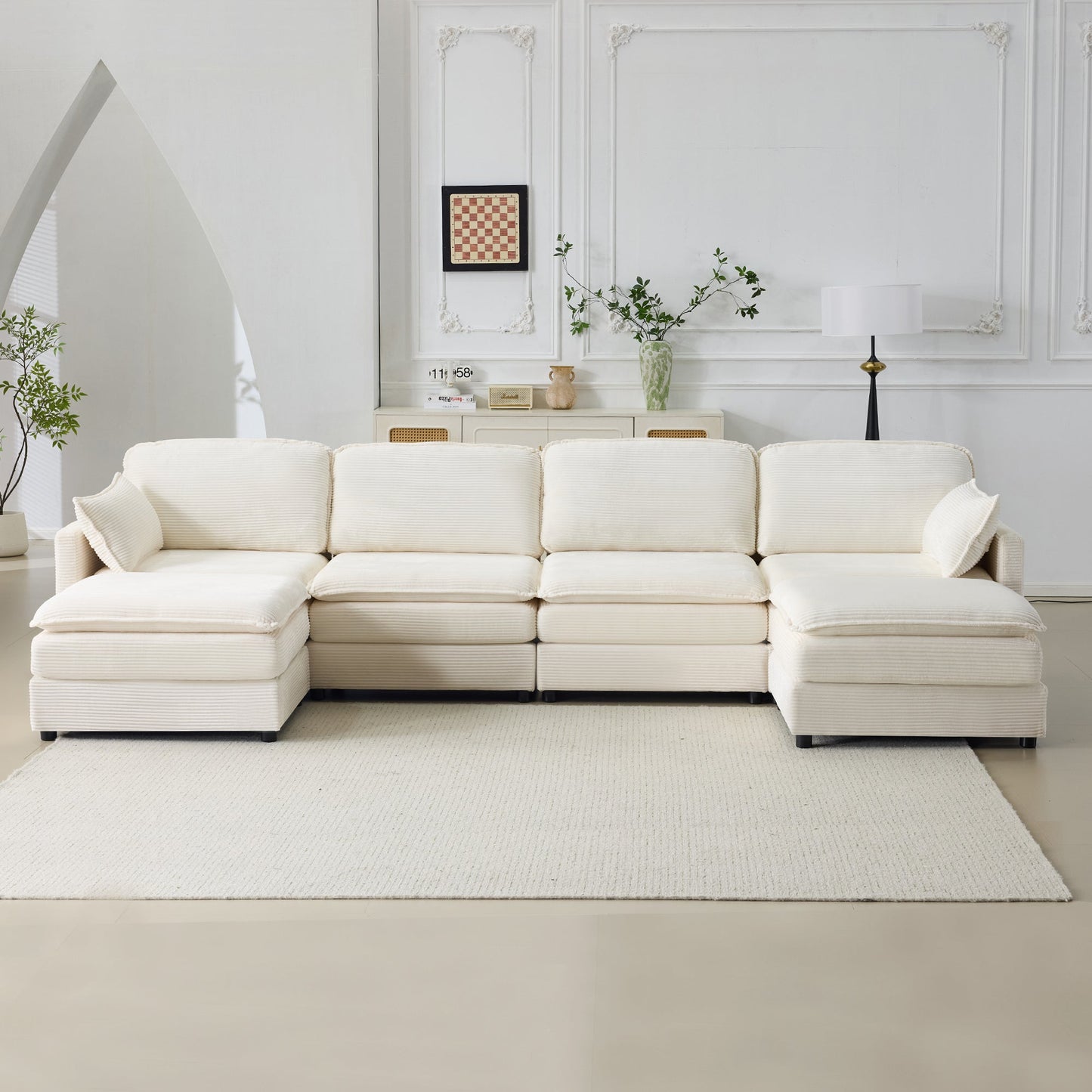 NEW 136' Plush Cloud 3-seater Sofa: Modular 4-seater Sofa + 2 Footstools with 22' Beige Chenille Cushions + 2 Throw Pillows - Compact Size for Apartment, Living Room, Bedroom (Beige)