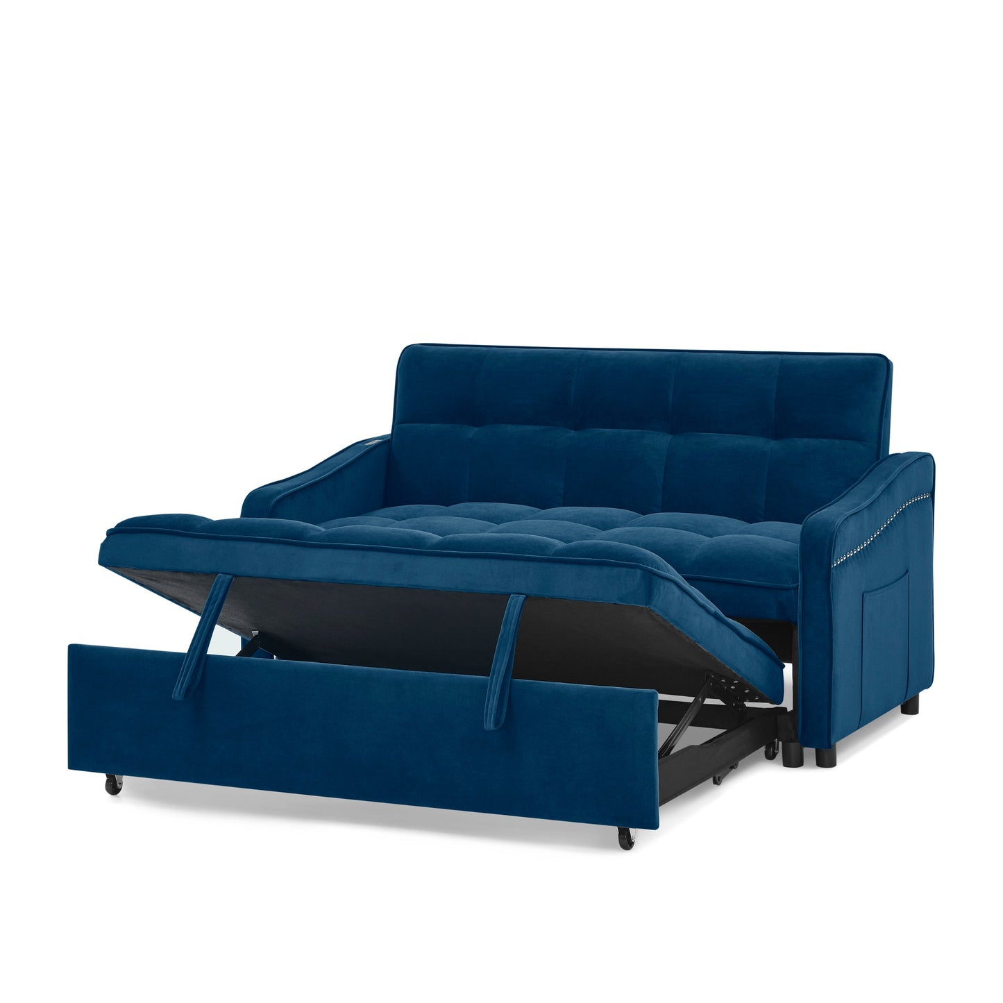 NEW Blue Copper Nail Loveseat Sofa Bed with Pull-out Bed with Adjustable Back Two Arm Pocket TypeC and USB Charging