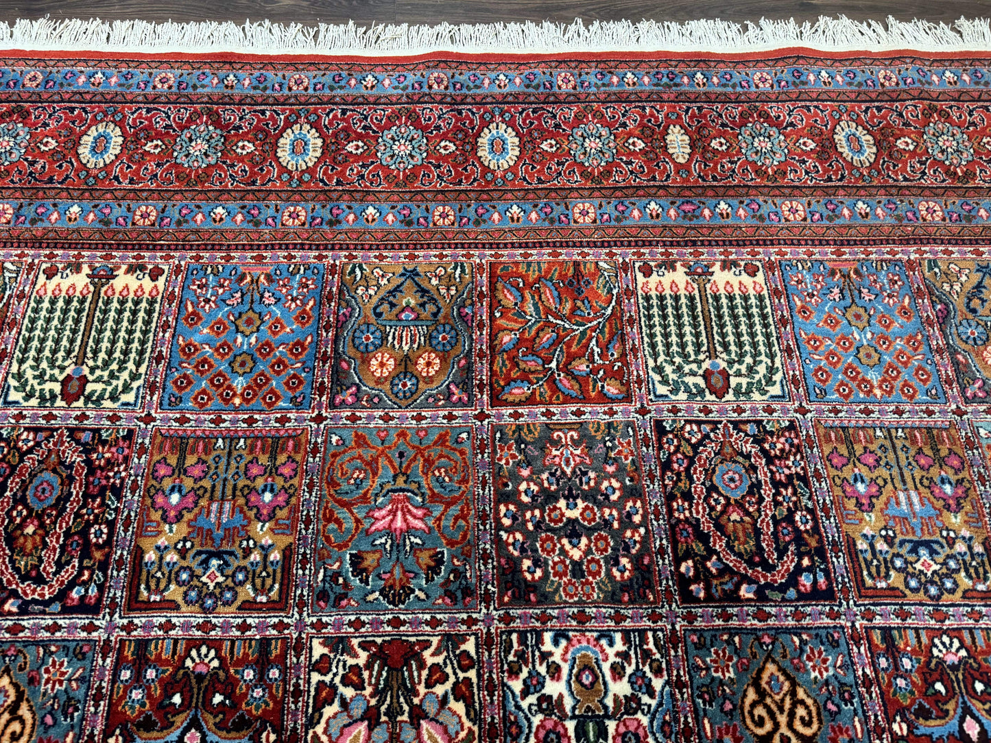 USED Wonderful Persian Qum Rug 10x13, Panel Design, Fine 260 KPSI, Signed, Red Multicolor