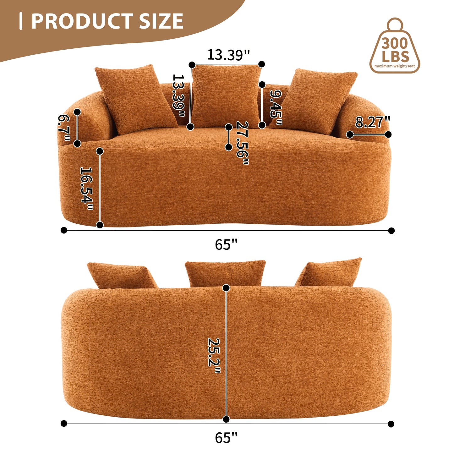NEW Orange Curved Loveseat Full Compression Sponge Sofa 30D Chenille Couch