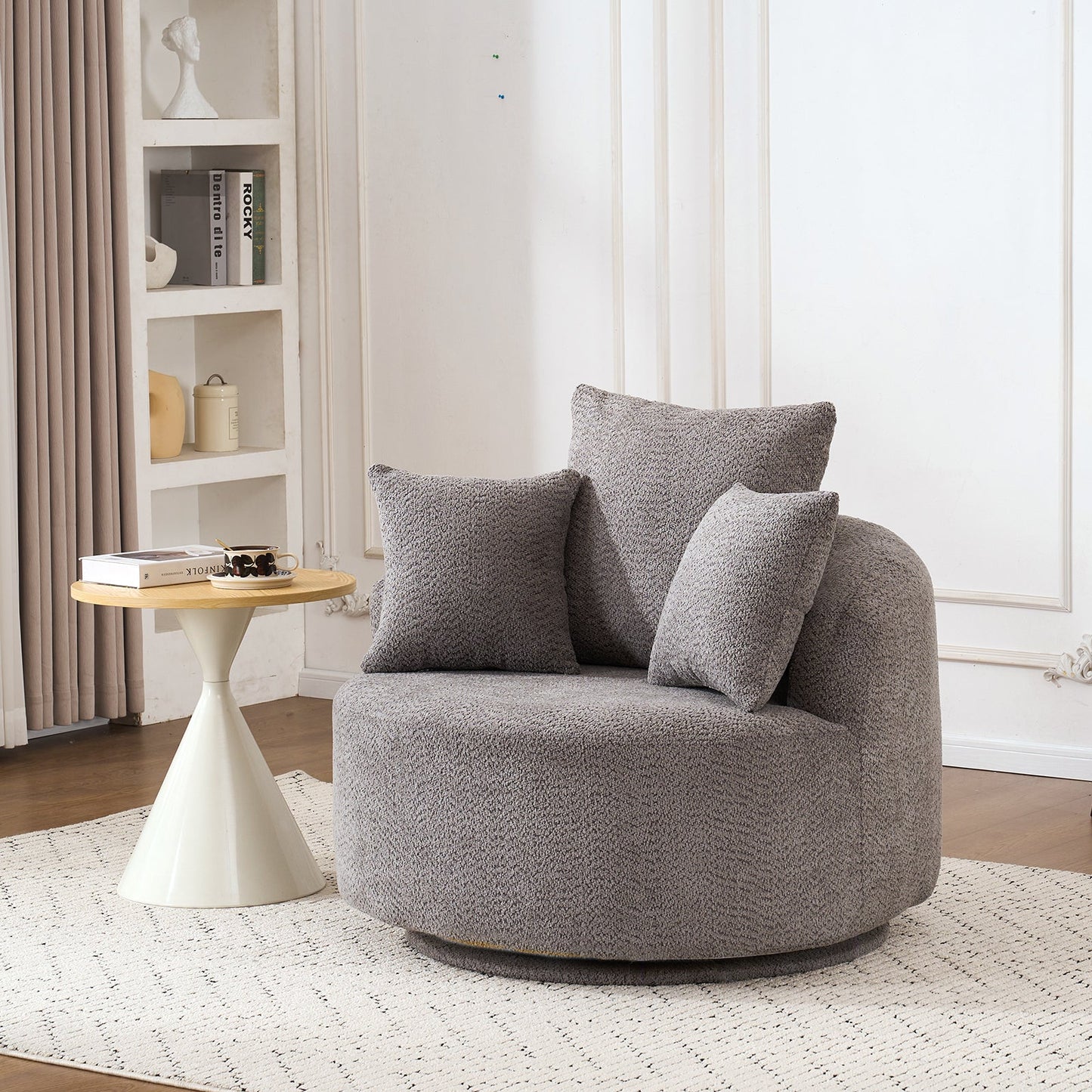 NEW 360° Swivel Round Grey Upholstered Accent Barrel Chair with 3 Removable Pillows