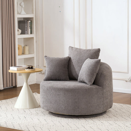 NEW 360° Swivel Round Grey Upholstered Accent Barrel Chair with 3 Removable Pillows