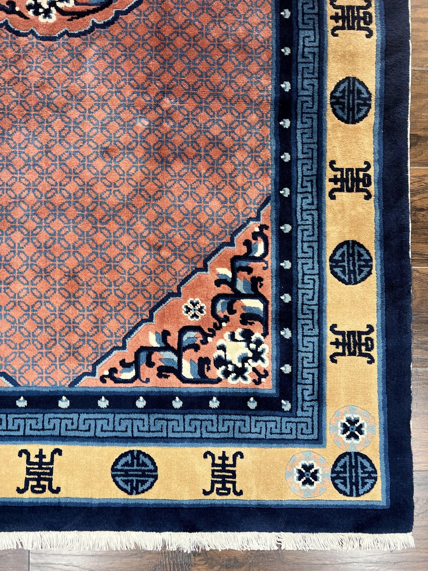 USED Chinese Peking Rug 5x8, Vintage Semi Antique Chinese Art Deco Carpet, Wool Pile Light Red/Salmon Gold Navy Blue, Handmade Asian Oriental Rug