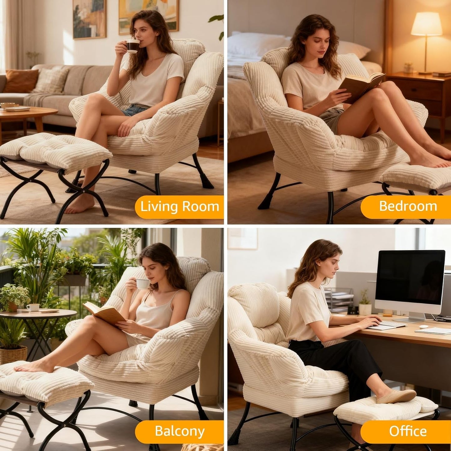 NEW Large Corduroy White Armchair With Ottoman Footrest