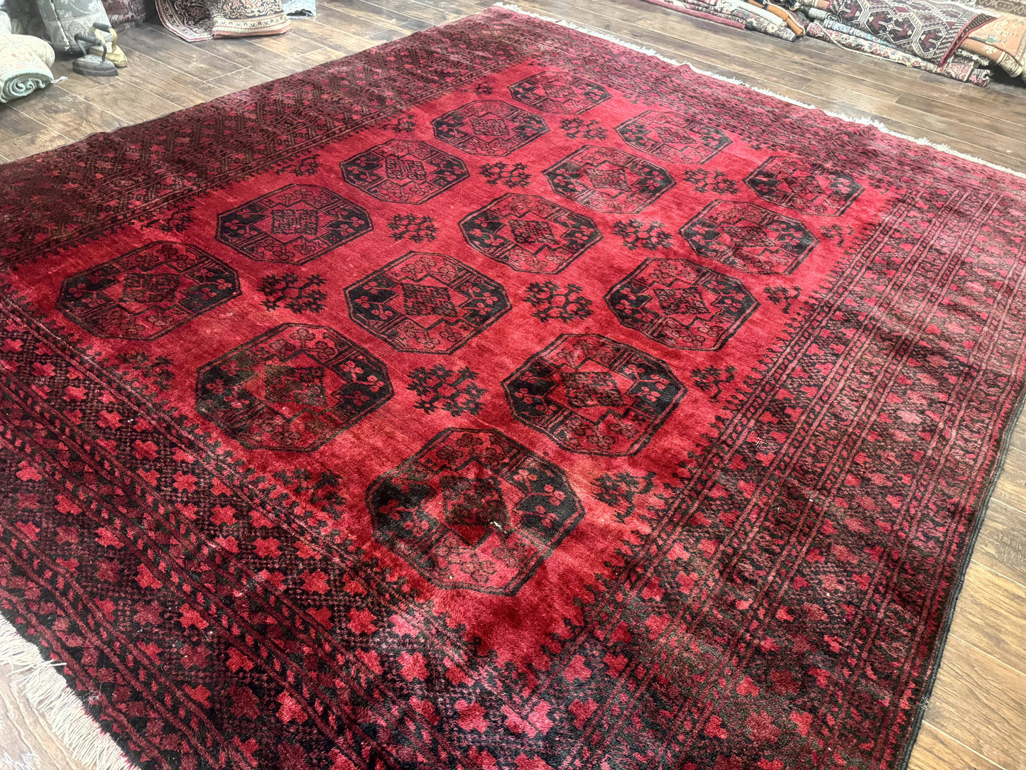 USED Afghan Turkoman Rug 9x10, Red Beshir Carpet, Tribal, Wool, Antique