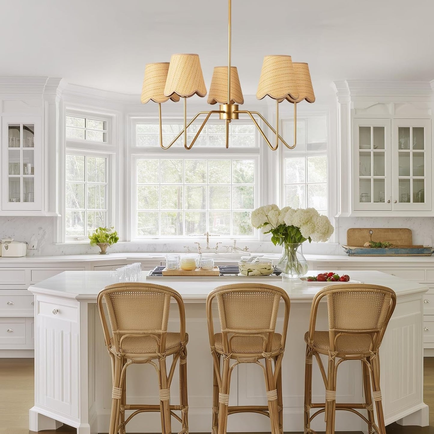 NEW 28 Inch Rattan Chandelier Antique Brass Five Light Pendant With Flower Shade Lamps