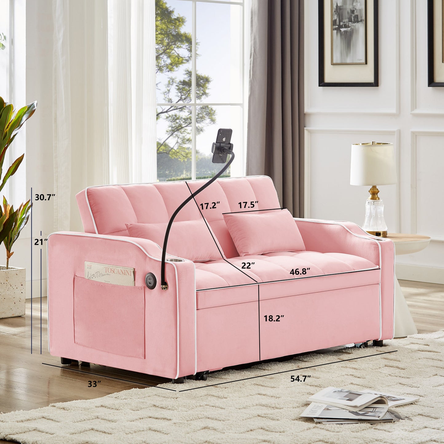 NEW 1 versatile foldable sofa bed in 3 lengths, modern sofa sofa sofa velvet pull-out bed, adjustable back and with USB port and ashtray and swivel phone stand (pink)