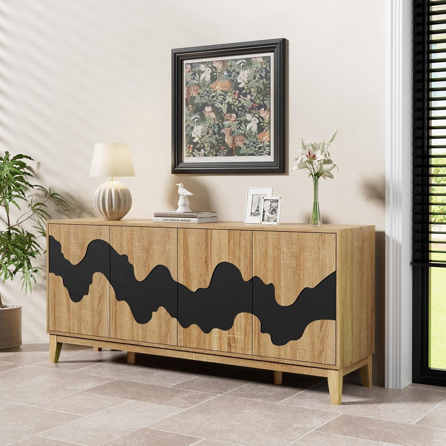 NEW 63 Inch Buffet Cabinet White With Blue Water Pattern