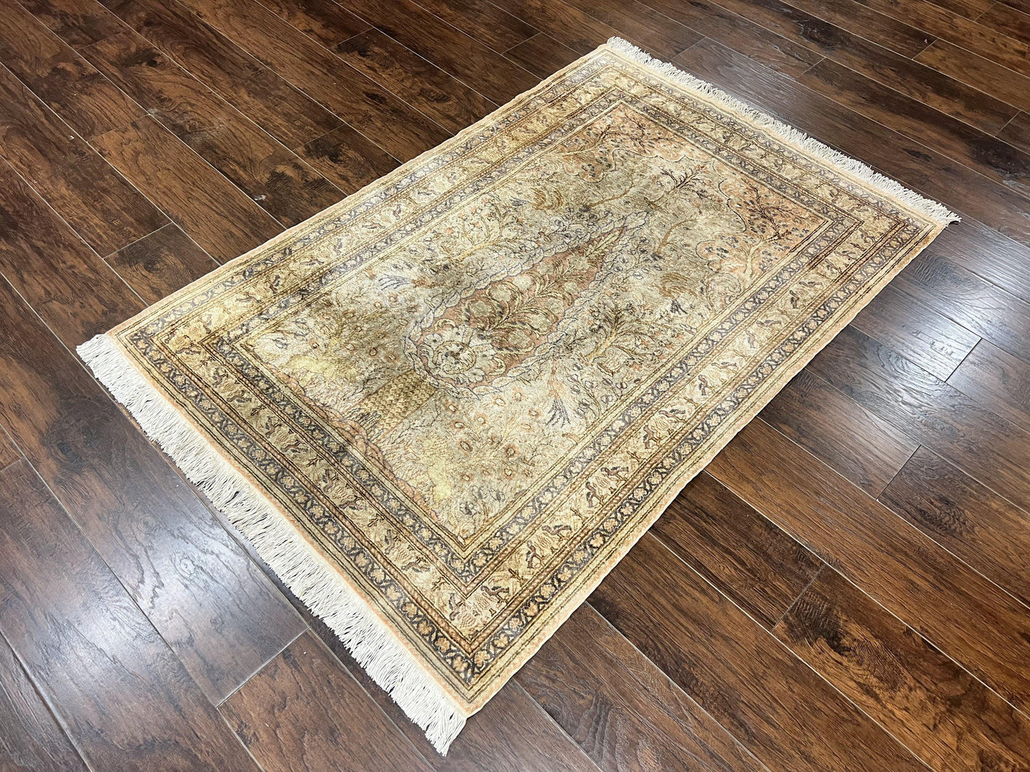 USED Turkish Kayseri Silk Rug 4x6, Tree of Life Pattern, Vintage Handmade Hand Knotted Carpet, Animal Pictorials, Birds