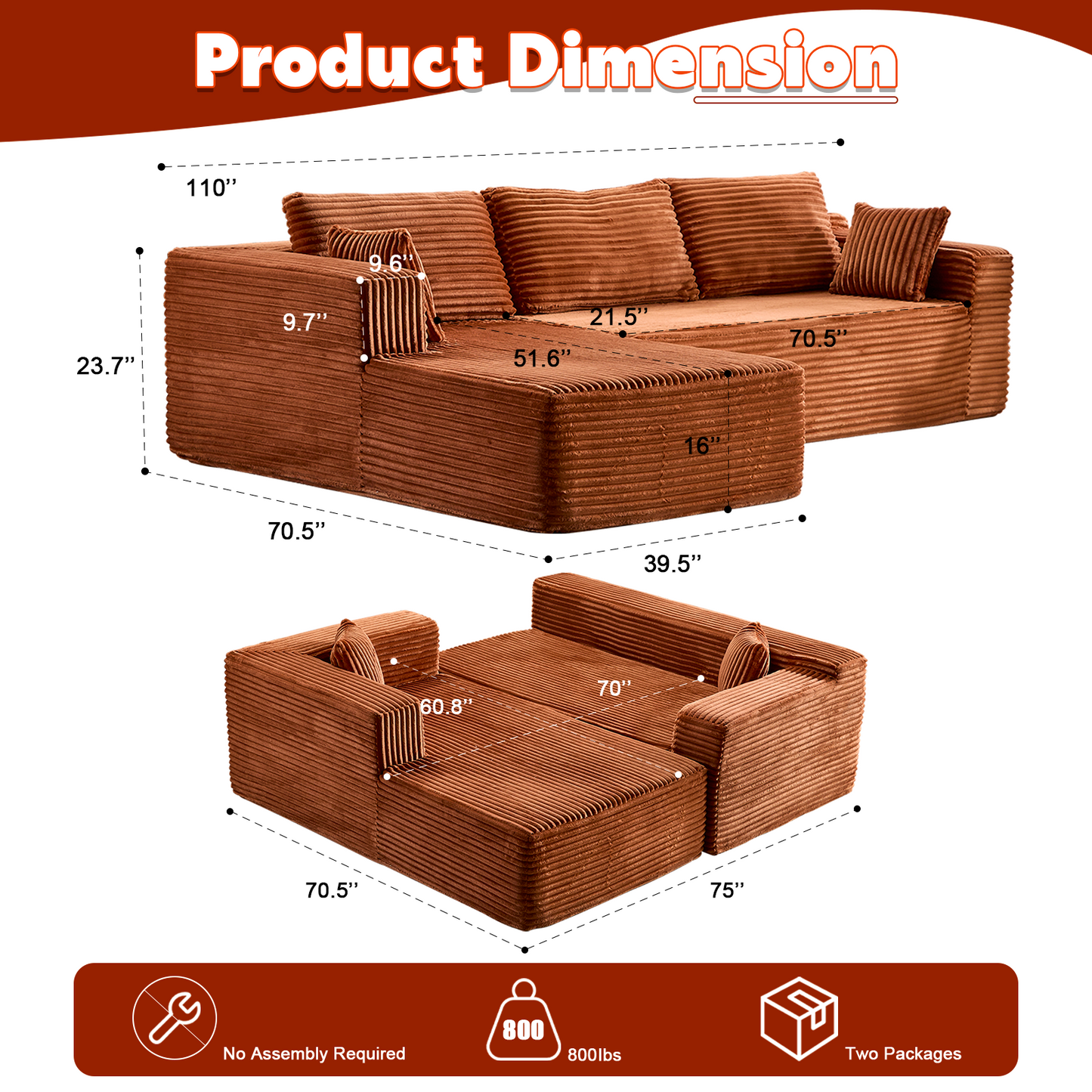 NEW Compression Sectional Couch with Comfy Chaise, Boneless L Shape Sofa with Deep Seat, Minimalist Modular Couches Sleeper for Living Room Bedroom Apartment Lounge,corduroy,Brown