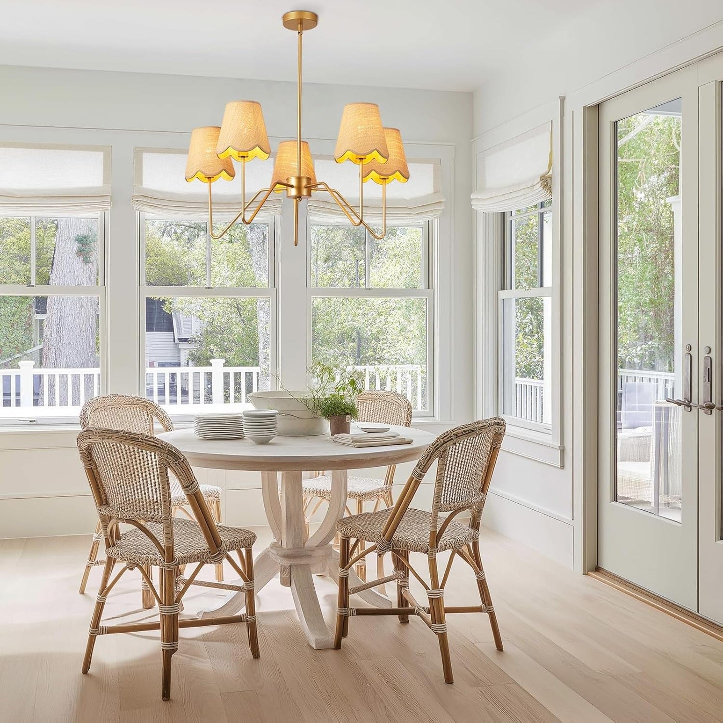 NEW 28 Inch Rattan Chandelier Antique Brass Five Light Pendant With Flower Shade Lamps