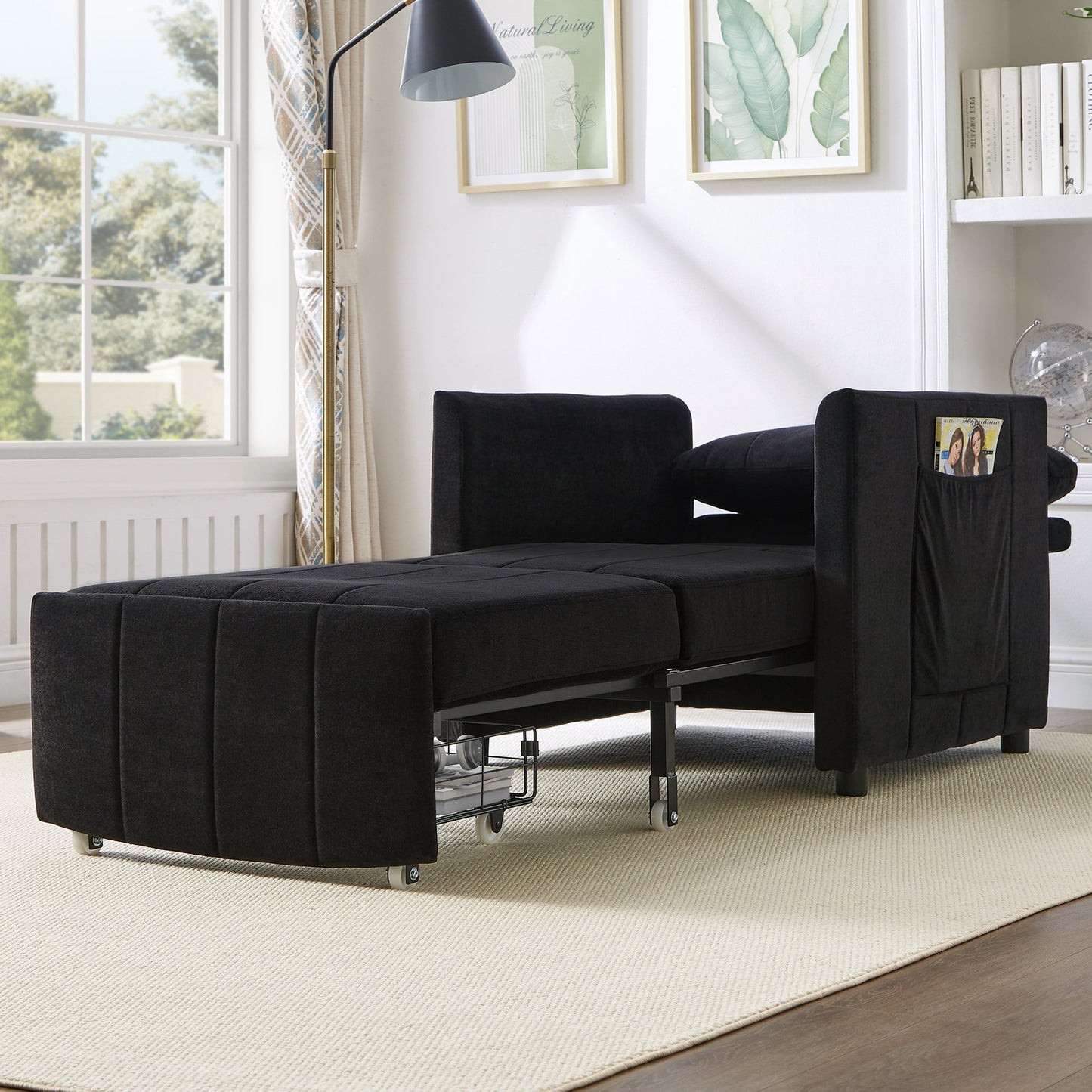 NEW Black Chenille Upholstered Convertible Sleeper Sofa with 5-Position Backrest Side Pockets Storage