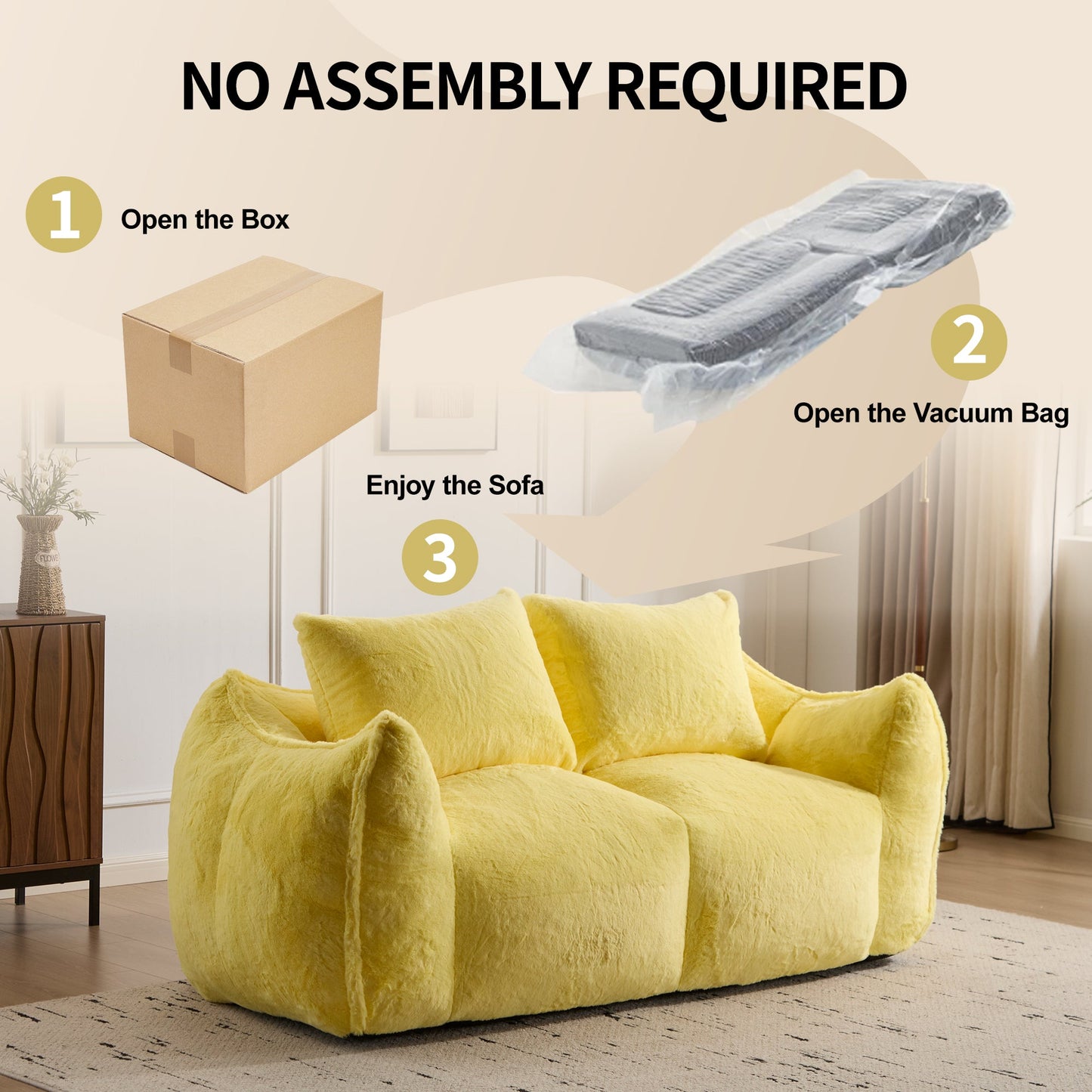 NEW Yellow Giant Bean Bag Couch Ultra Soft Fluffy Loveseat Bean Bag Sofa