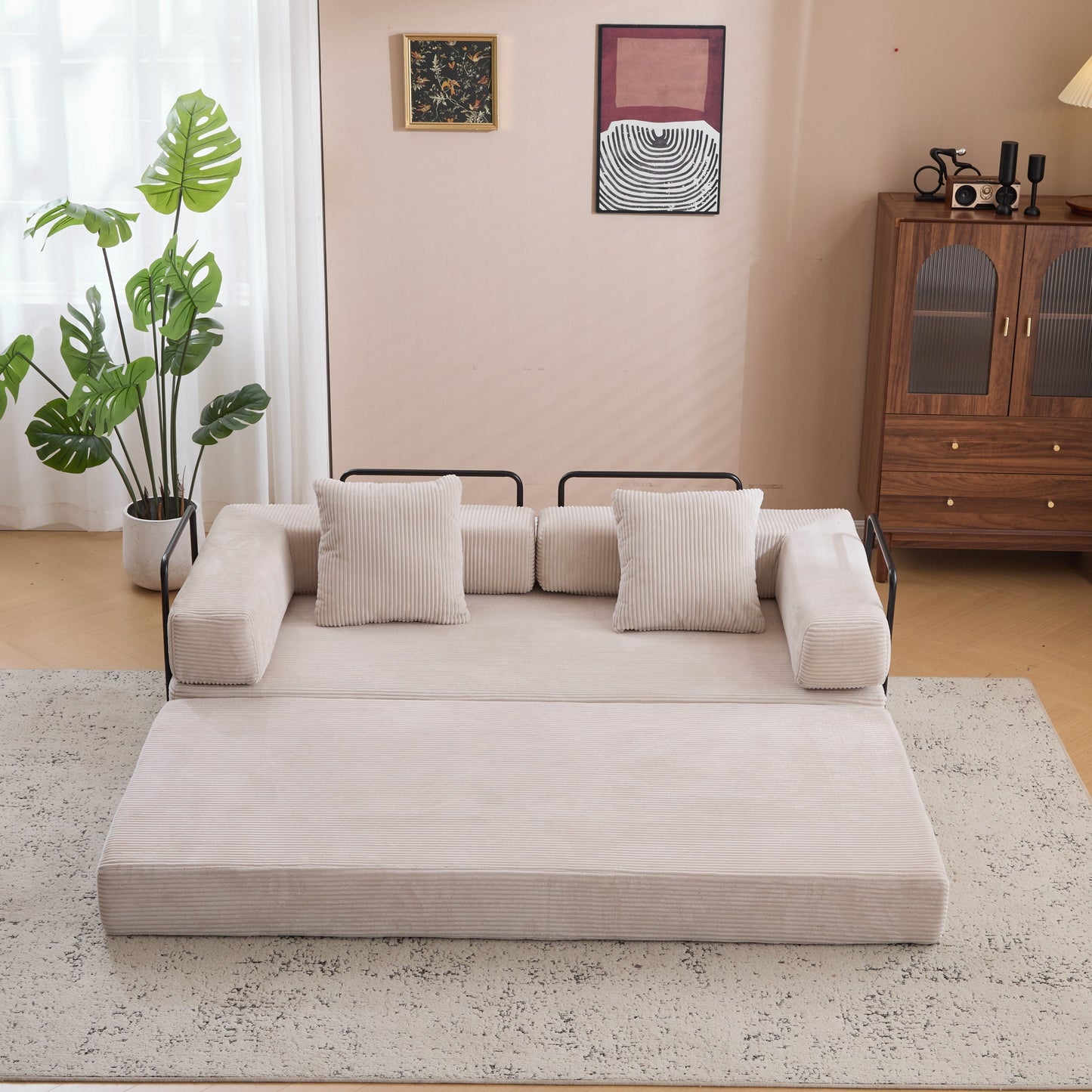 NEW Floor Compression Convertible Comfy Futon Lounge Sleeper Bed Floor Couch Sofa Bed with Pillow Back Support Armrest in Light Gray Corduroy Fabric