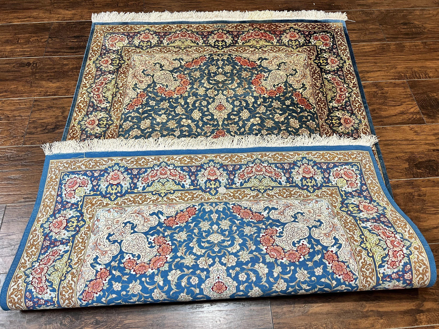 USED Magnificent Persian Qum Silk Rug 3x5, Blue, Super Fine 675 KPSI - 70 Raj, Floral Roses, Handmade Vintage Silk Carpet, Masterpiece