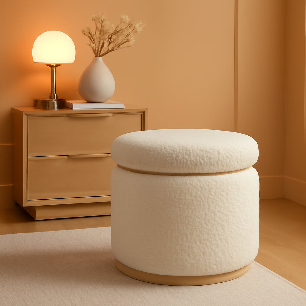 NEW Cream Sherpa Deluxe Storage Ottoman Solidwood Base