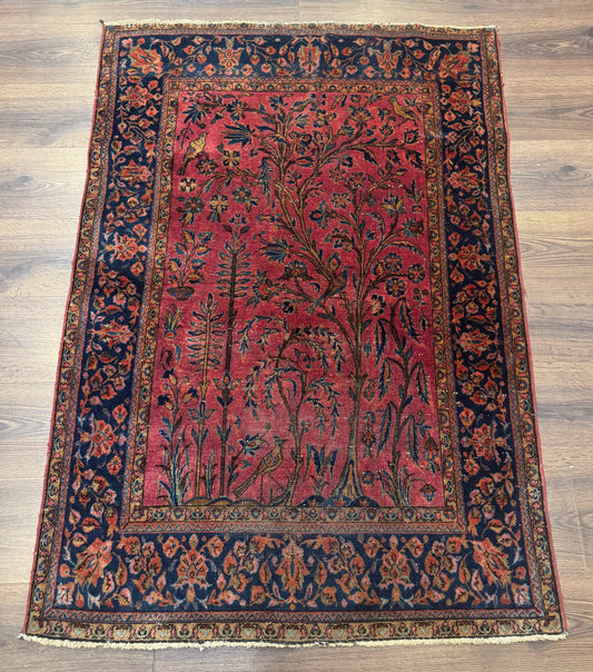 USED Antique Persian Tree of Life Rug 3x5, Manchester Wool, Bird Pictorials, Fine 240 KPSI, Red Navy Blue