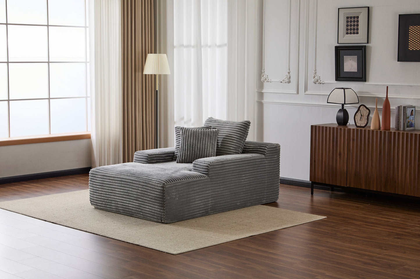 NEW Grey Oversized Chaise Lounge Chair Cozy Cloud Couch Modern Plush Corduroy Upholstered Sleeper Sofa Daybed with 3 Throw Pillows and Wide Armrest