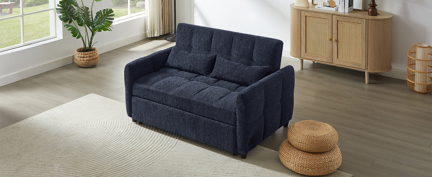 NEW Modern Loveseat Sofa Pull-out Bed with Adjustable Backrest, USB Ports, Lumbar Pillows, Blue Chenille, 52.8'
