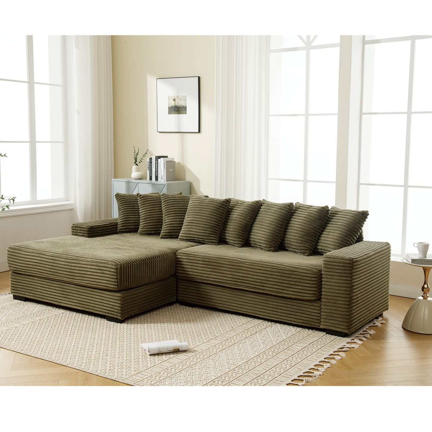 NEW NEW ARRIVED] [VIDEO PROVIDED] Oversized Two-Piece Couches, L Shaped Sofa, Corduroy, Left Chaise Daybed,with Armrests,Eight Throw Pillows,Corner Sofa,Easy To Assemble, Green