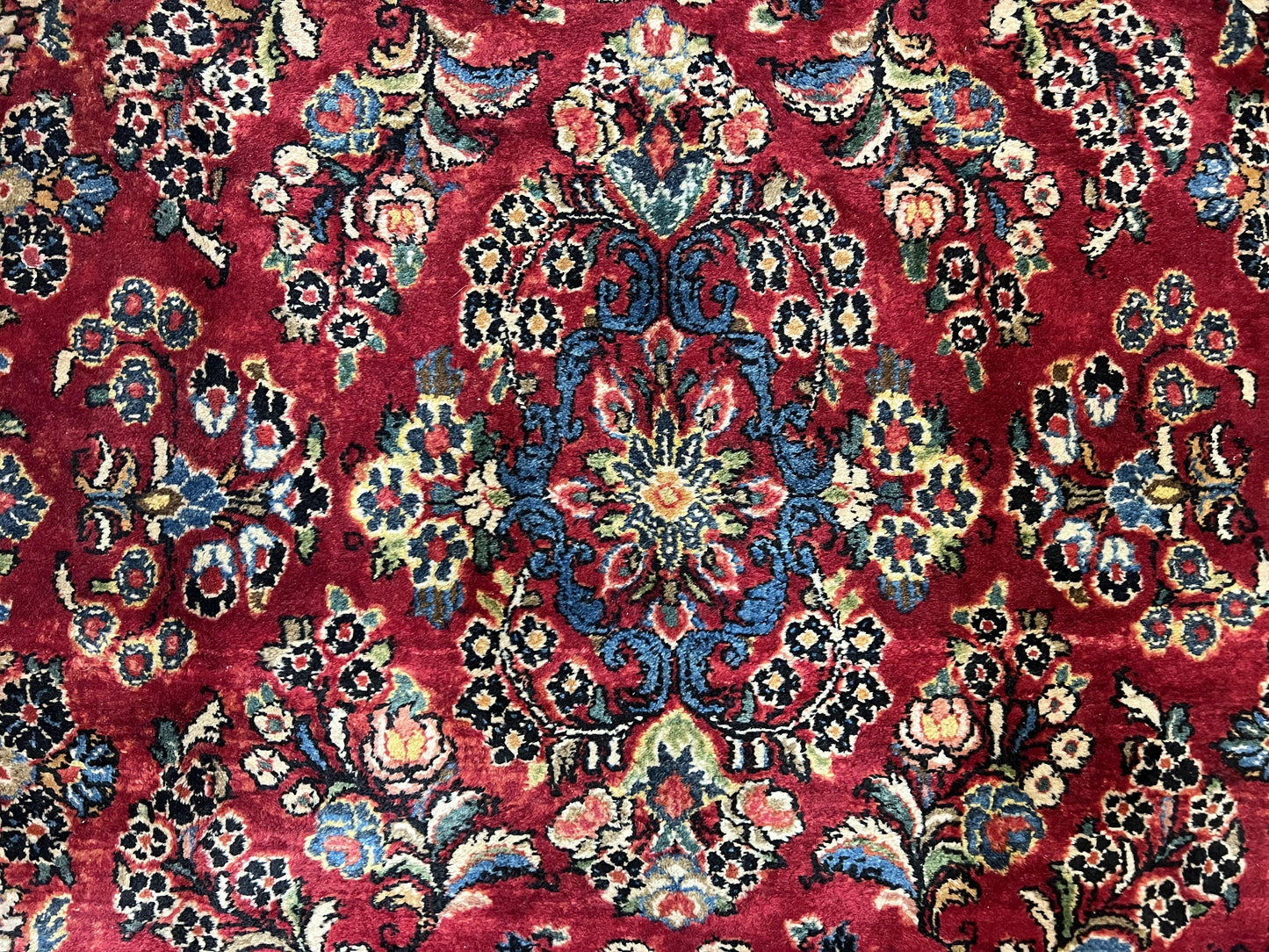 USED Rare Persian Almost Square Rug 6.3 x 5.3, Hand Knotted Wool Antique 1920s Sarouk Oriental Carpet, Red Navy Blue Beige, Floral Allover, 5x6 Area Rug