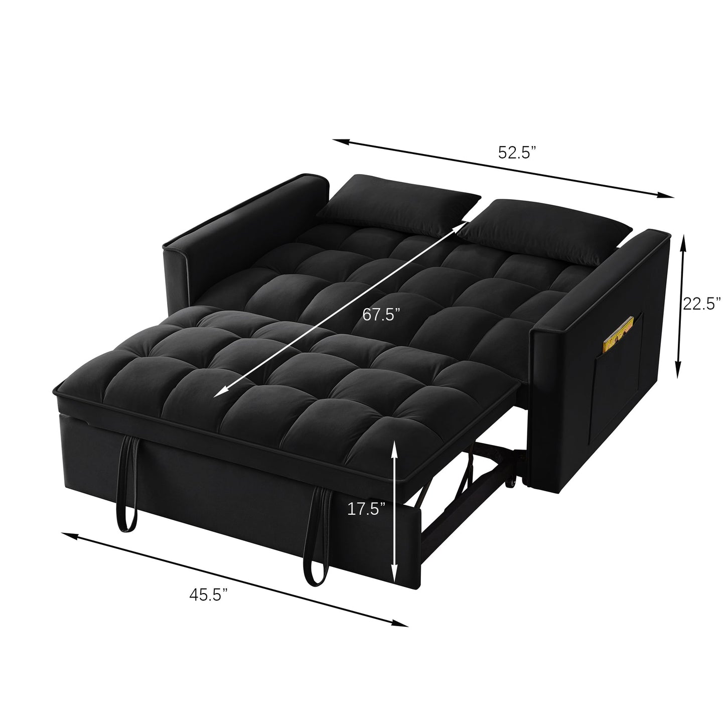NEW 4 in1 Loveseat Sofa Bed with Armrests & Storage Pockets, Multi-Function Tufted Pull-out Sofa Bed with Adjustable Backrest and Pillows, Convertible Loveseat Sofa Couch,Black