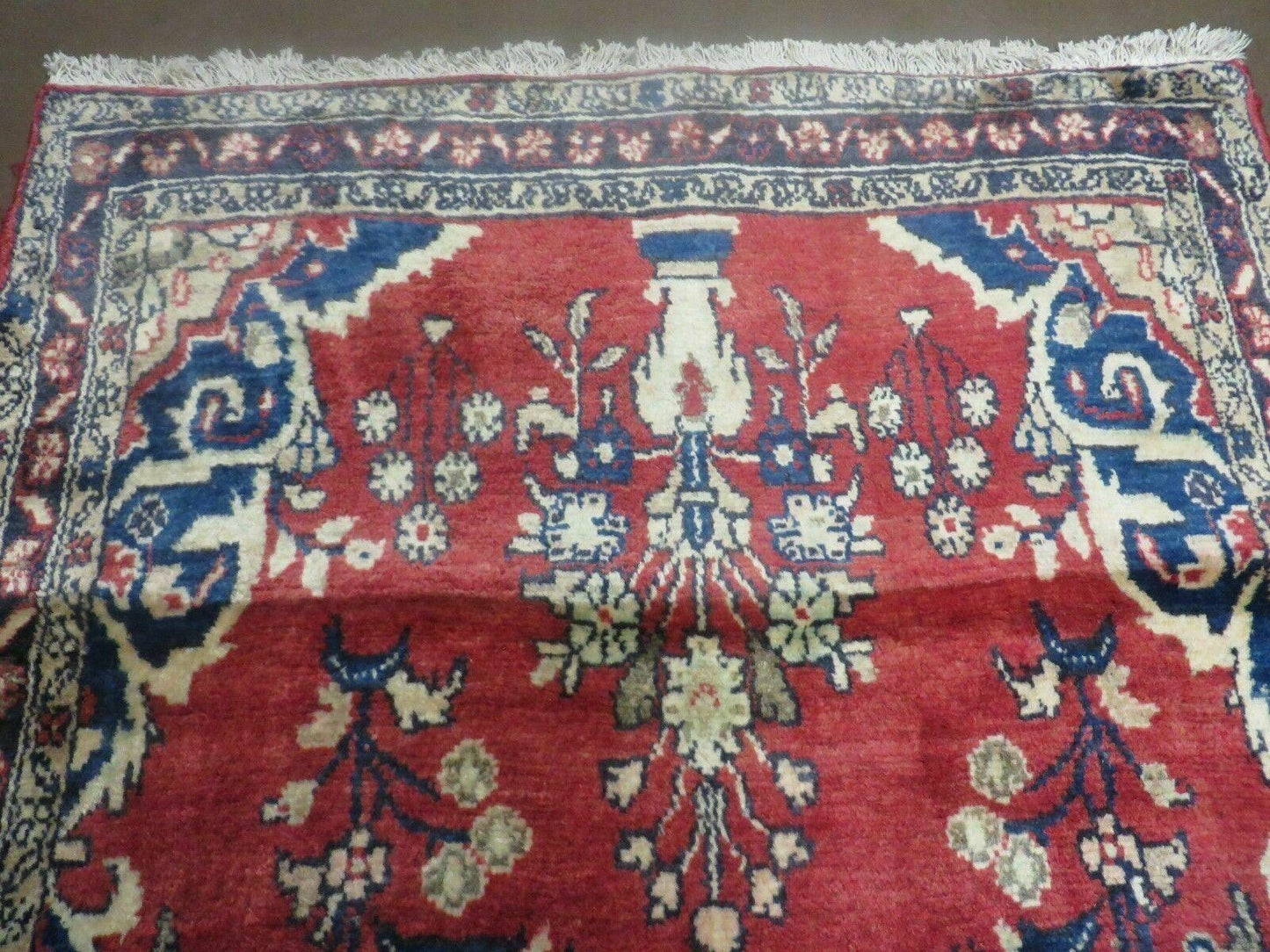 USED Persian Runner Rug 3 x 12, Antique Wool Oriental Runner, Floral Vases, Red & Navy Blue