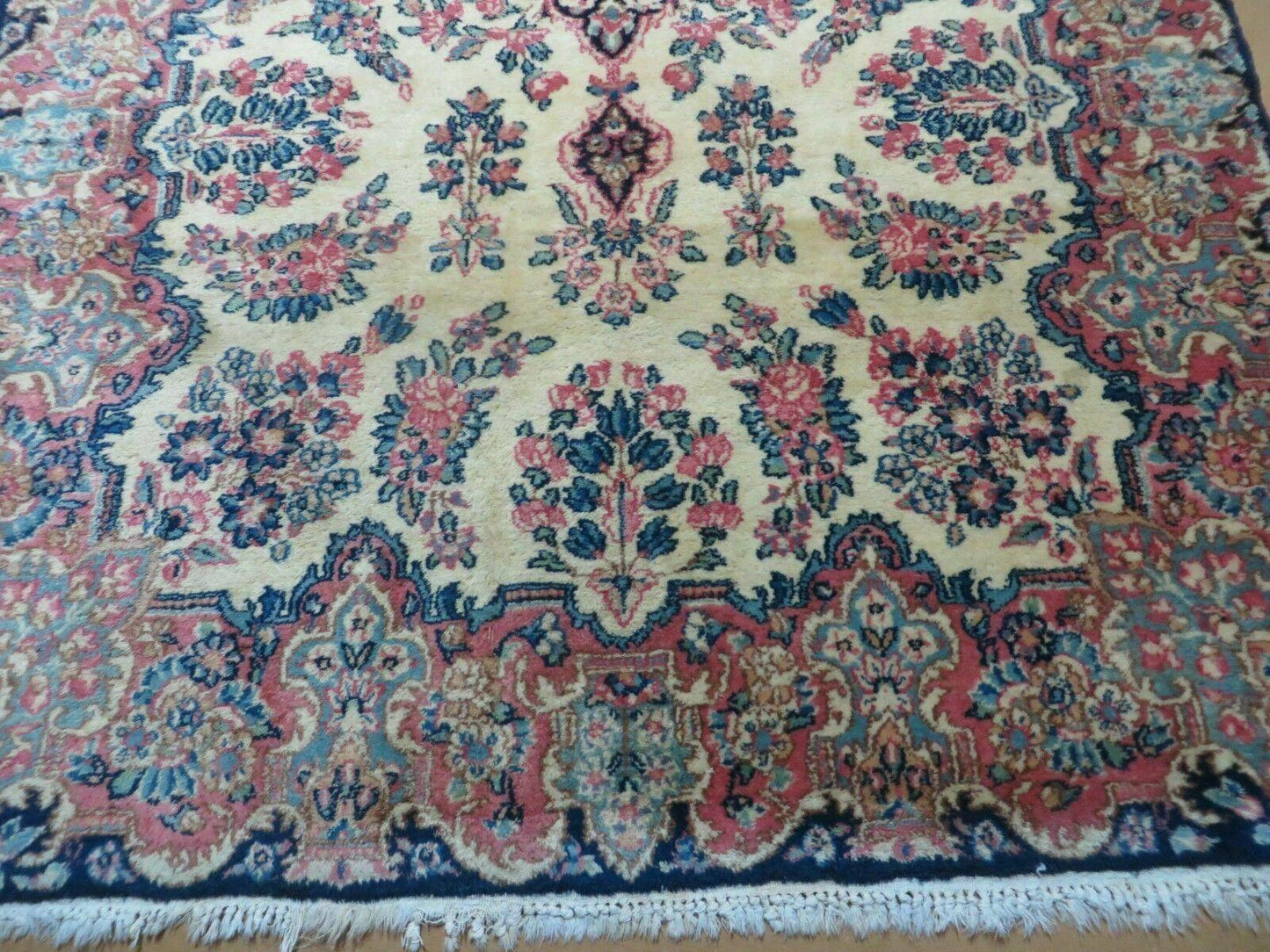 USED Antique Persian Kirman Rug 3.9 x 6.6, Floral Oriental Carpet, Ivory/Cream - Blue - Pink, Hand Knotted Wool Rug, Floral Medallion Rug 4x6