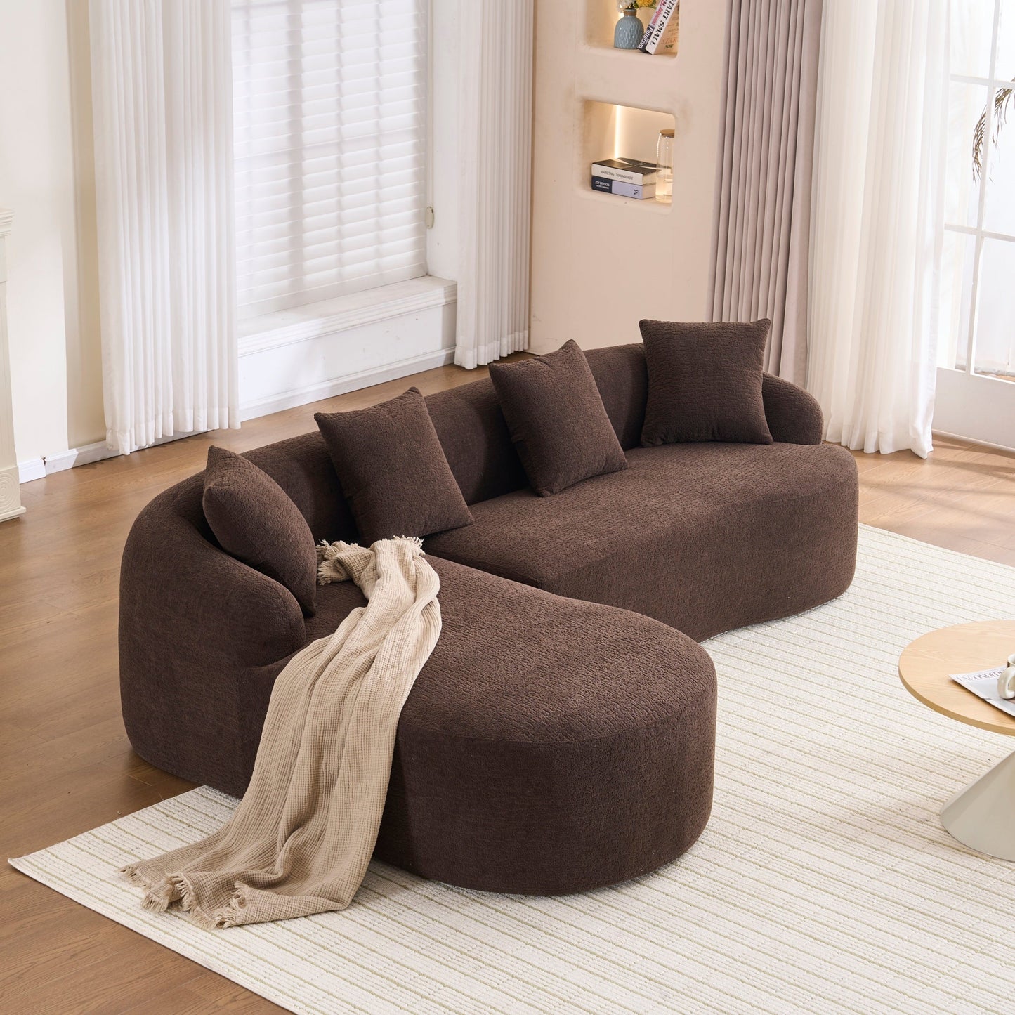 NEWn Brown Chenille Modular Compression Sponge L-Shape Sectional Sofa Couch with Curved Chaise