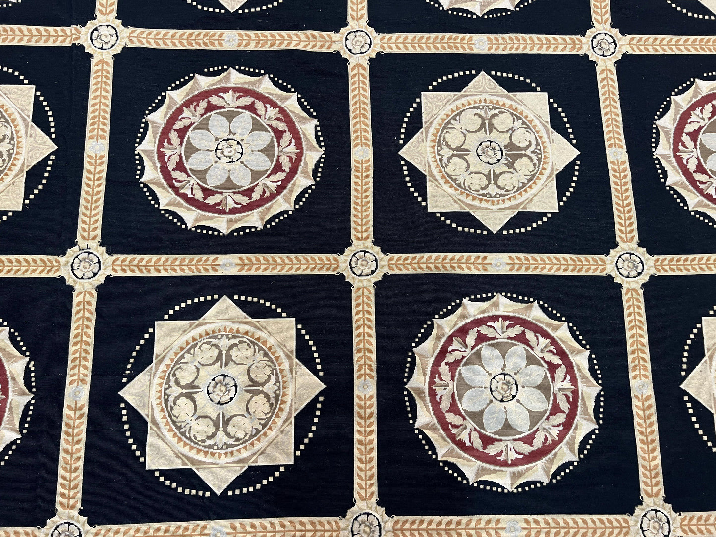 USED Large Needlepoint Rug 10x13, Panel Design, Black and Beige, Wool Needlepoint Carpet 10 x 13, English Garden, Handwoven Area Rug, Living Room