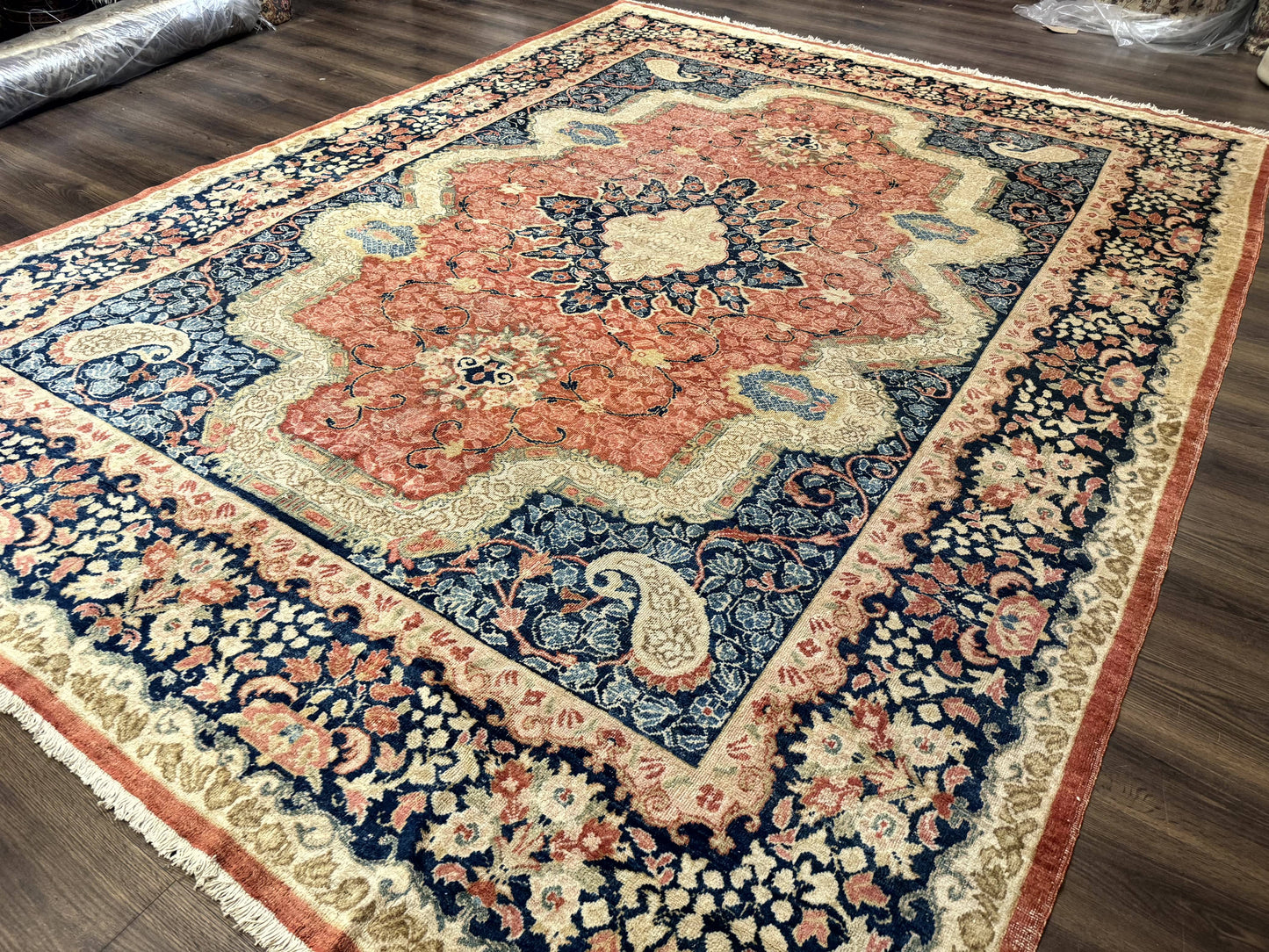 USED Antique Persian Sarouk Rug 9x12, Boteh Paisleys, Light Red Navy Blue