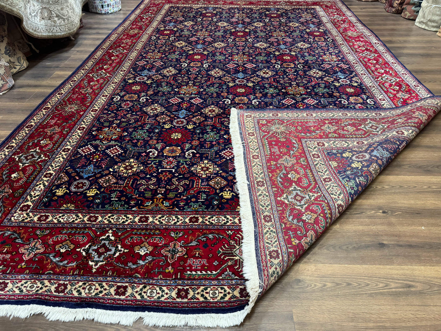 USED Large Persian Tabriz Rug 10x16, Navy Blue and Red, Allover Pattern, Vintage Hand Knotted Wool Carpet
