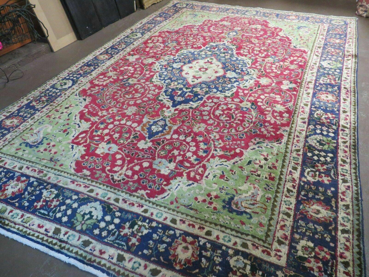 USED Persian Tabriz Rug 7x10, Red Blue and Green Rug, Allover Floral Medallion Rug, Hand Knotted Rug, Antique Rug 7 x 10 Vintage Wool Oriental Carpet
