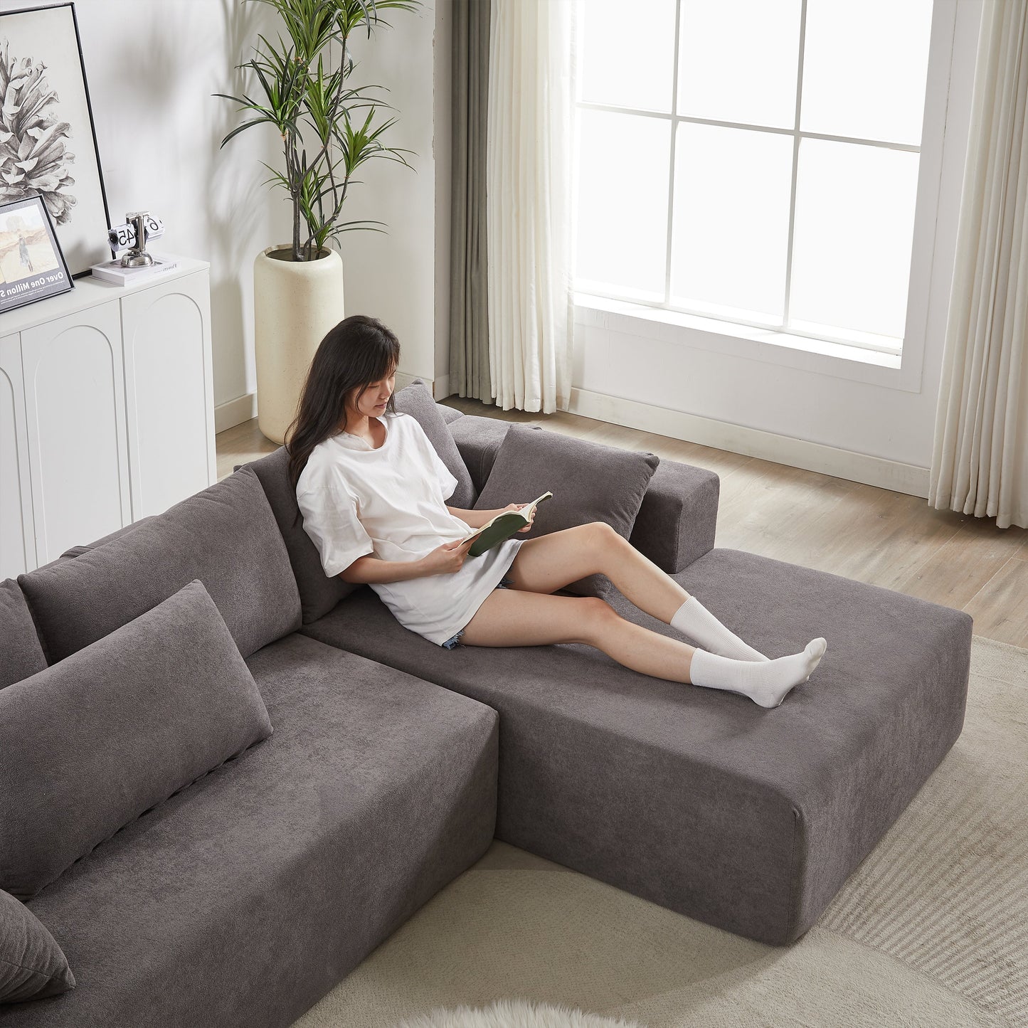 NEW Modern Chenille Upholstered Modular L Shaped Sectional Sofa Couch Set L Shaped Sectional Sofa Couch Set with Six Pillows